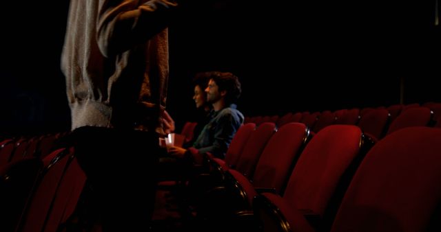 People are in a movie theater, watching a film in a dark auditorium with red seats. One person stands near the seats while others sit, showing a scene where friends are enjoying a movie together. Suitable for use in contexts related to entertainment, leisure activities, movie-going culture, and indoor pastimes.
