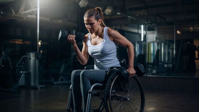 Determined wheelchair athlete lifting dumbbells in gym performing upper-body strength training
