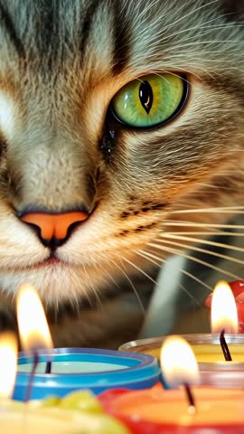 Tabby Cat Sniffing Flickering Tealight Candles Closeup Vertical Video Showing Curious Green Eye