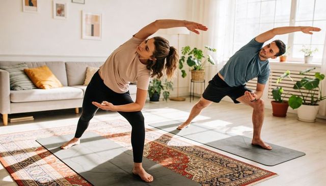 Couple practicing side-bend yoga in sunlit living room for home wellness