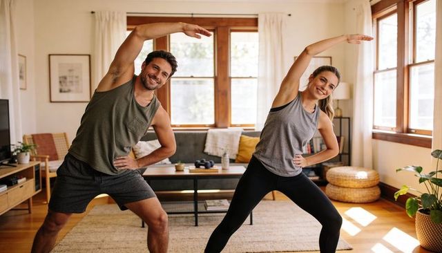 Couple exercising in sunlit living room doing stretches and squats for home workout