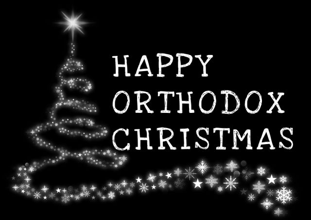 A festive holiday greeting card featuring 'Happy Orthodox Christmas' text with a sparkling Christmas tree design against a black background. Great for sending cheerful wishes, designing online greetings, sharing on social media, or creating holiday-themed projects related to Orthodox Christmas celebrations.