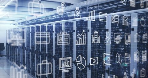 digital data processing in modern server room with icon overlay - Download Free Stock Images Pikwizard.com