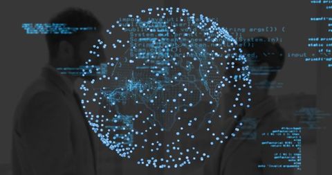 Projecting holographic globe over conference table with business partners watching code