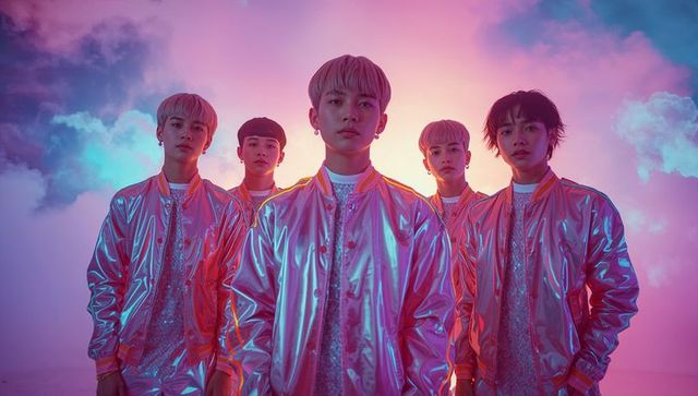 Asian Band Performing Under Vibrant Magenta Cyan Lights