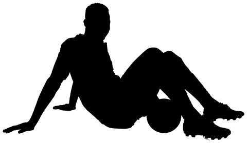 Transparent silhouette of football player sitting with ball