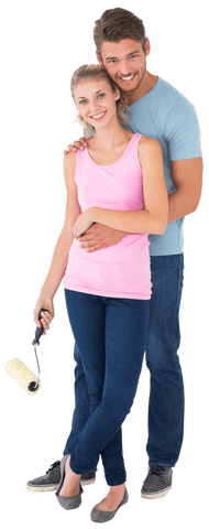 Happy Couple Painting Wall Holding Roller Brush Isolated on White Transparent Background