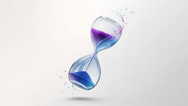 Hourglass with flowing purple and blue sand and floating particles