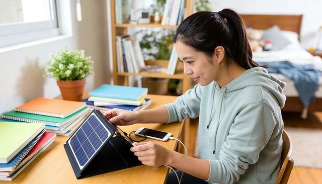 Asian student charging smartphone with foldable solar panel while studying in bedroom