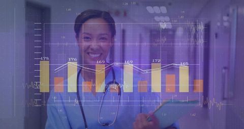 Smiling Nurse Analyzing Data in Hospital Corridor