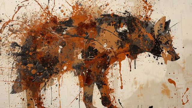 Abstract splatter wolf silhouette on cream canvas, expressionist drip painting, rust tones