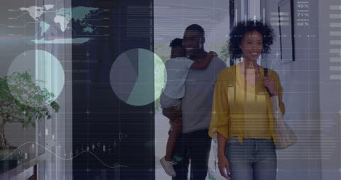 Family Entering Home with Overlay of Infographic Data