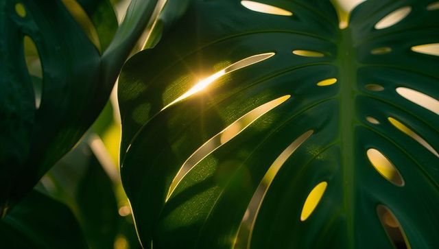 Sunbeam Illuminating Monstera Leaf in Tropical Garden
