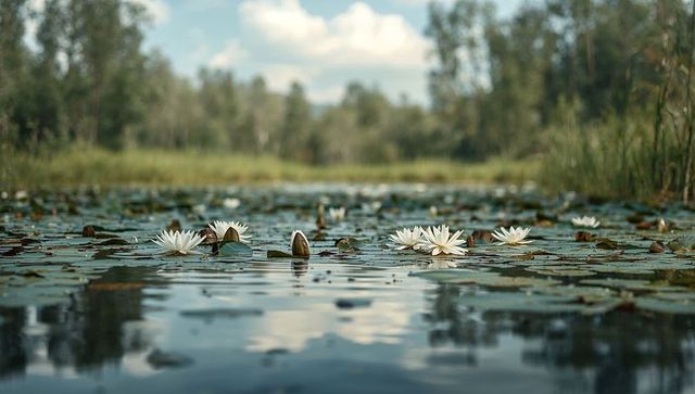 Tranquil white water lilies floating on still pond with lily pads and reed-lined wetlands