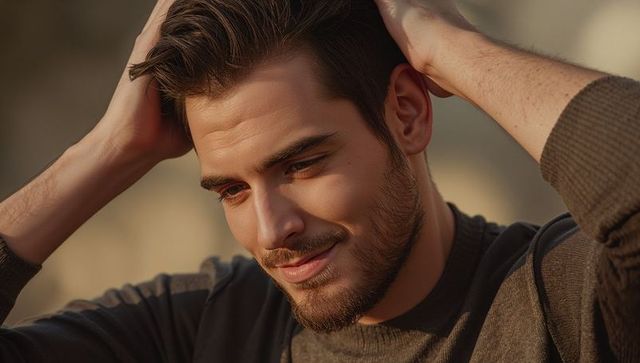 Contemplative bearded man running fingers through hair in golden hour warm outdoor portrait