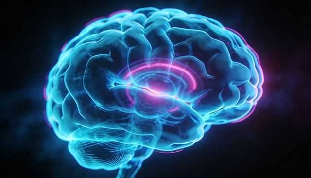 Neon Translucent Brain Showing Glowing Neural Rings for AI and Cognitive Research
