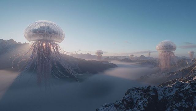 Giant bioluminescent jellyfish drifting over misty alpine valley, glowing tentacles