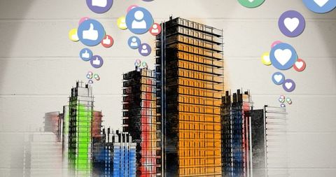Digital cityscape with social media icons visualization