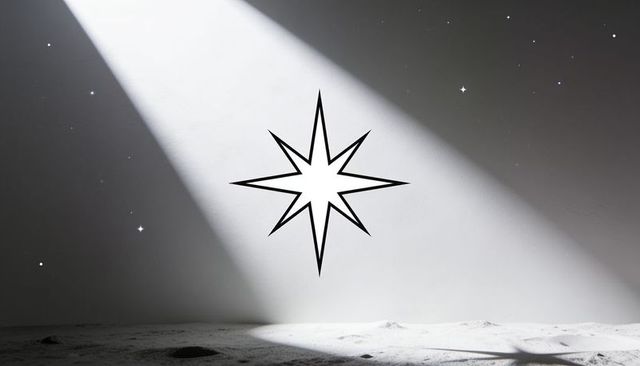 Black-rimmed eight-pointed star hovering over cratered lunar plain in diagonal spotlight
