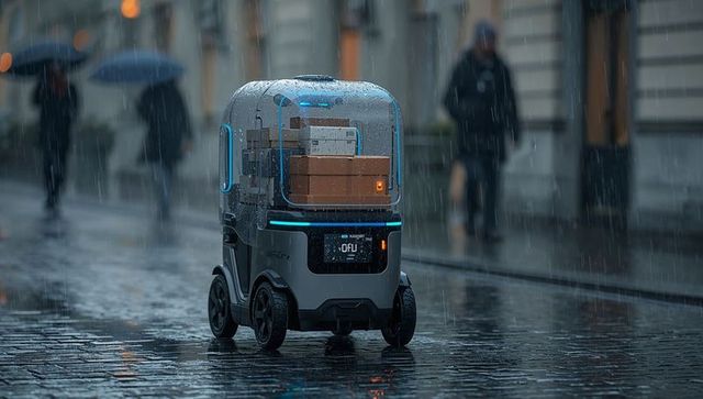 Autonomous delivery robot navigating rainy cobblestone street carrying stacked parcels