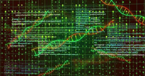 Neon DNA Binary Grid Visualizing Genomic Data Flow and Cyber Network Interface