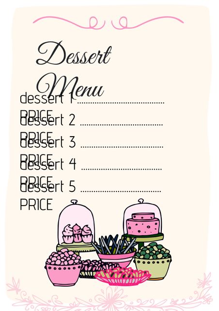 This dessert menu template featuring charming illustrations is perfect for sweet shops, bakeries, and cafes. It includes sections for listing desserts and their prices with visually appealing sketches of cupcakes, cakes, and other treats. Ideal for creating customized menus for restaurants and catering services.