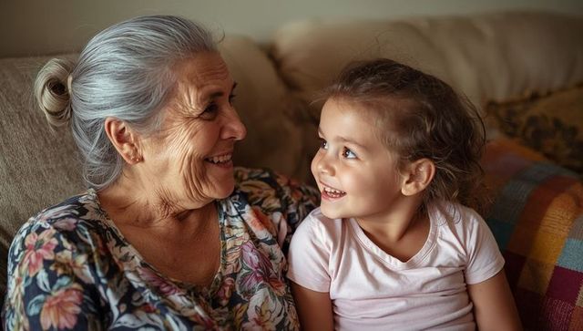Smiling Senior Woman with Young Girl on Cozy Sofa