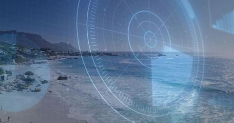 Coastal hud overlay on ocean panorama for maritime surveillance and tech presentations