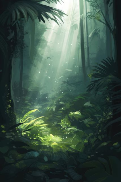 Dense rainforest vegetation with sunlight piercing through the canopy, illuminating the lush greenery below. Ideal for illustrating tropical environments, nature-loving themes, and concepts of vitality and growth.