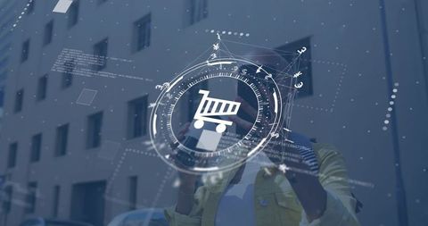 Woman interacting with virtual shopping cart hud on storefront glass in urban reflection