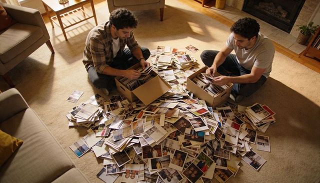 Two men sorting photo prints on living room floor, organizing family memories into storage boxes