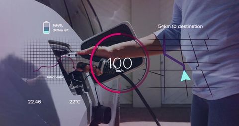 Connecting woman plugging ev charger at driveway with hud battery telemetry and navigation