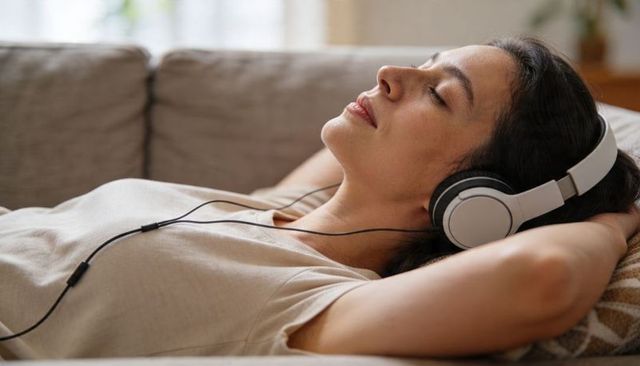 Calm woman relaxing on sofa listening to music with over-ear headphones eyes closed