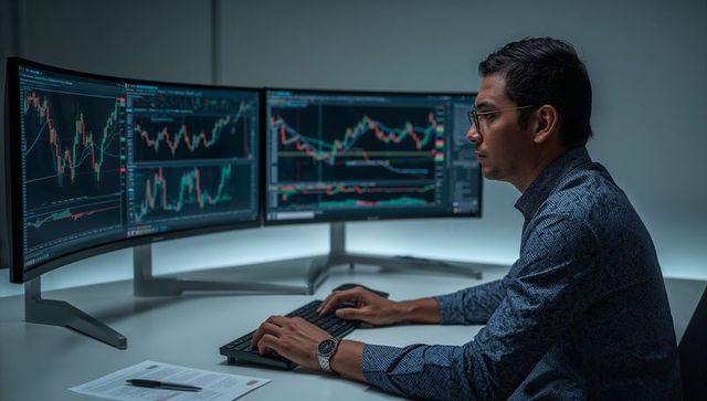 Focused Trader Analyzing Cryptocurrency Charts on Curved Displays