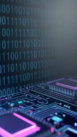 Vertical Cyberpunk Circuitry Panning Over Neon PCB and Glowing Microchip Streaming Data