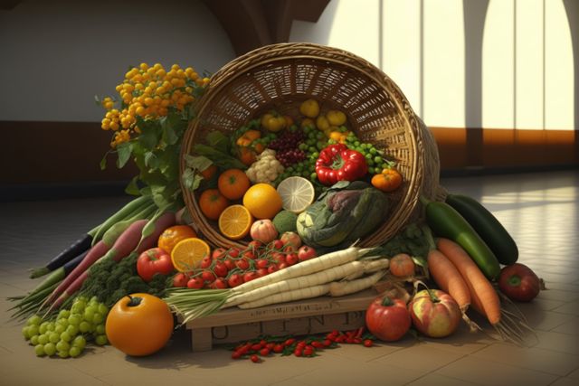 Empty room with basket of vegetables and fruit on floor, using generative ai technology - Download Free Stock Photos Pikwizard.com