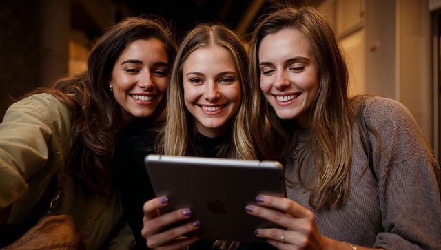 Three young women smiling and sharing tablet together in cozy warm-lit evening lounge