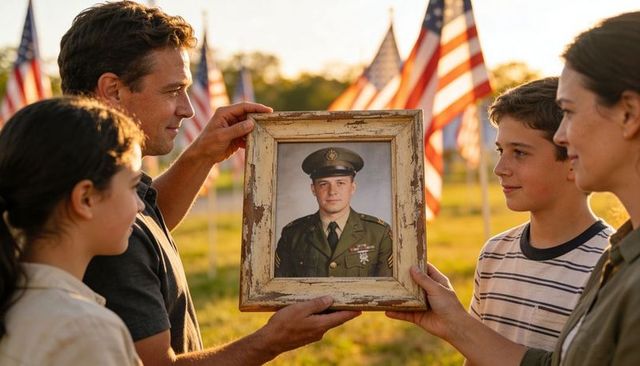 Family holding framed veteran portrait among american flags during golden hour memorial