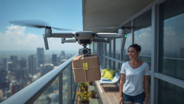 Autonomous drone delivering parcel to high-rise balcony with urban skyline, smiling woman