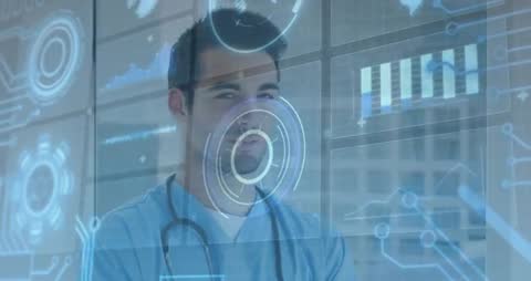 Doctor Analyzing Data on Futuristic Digital Screen in Modern Hospital