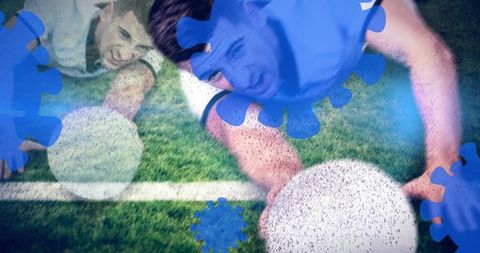 Athletes Reaching for Ball Amid Virus Motifs on Field