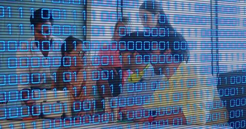 Business Team Collaborating with Digital Binary Overlay - Download Free Stock Images Pikwizard.com