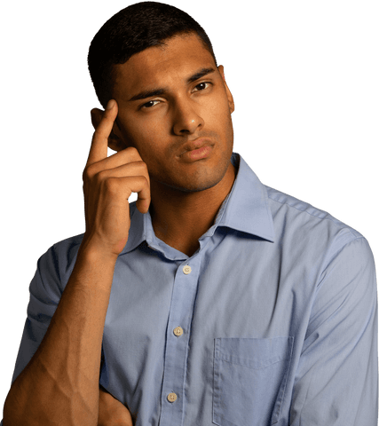 Thoughtful biracial man with pensive expression on transparent background