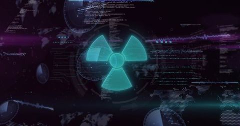 Holographic cyan radiation trefoil hud with futuristic cyber interface and data streams
