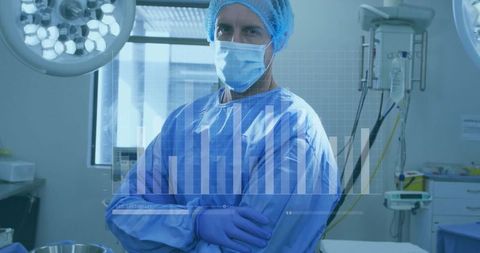Surgeon in blue scrubs with bar chart hologram in operating room