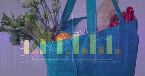 Blue reusable tote with fresh produce and baguette overlaid with grocery price analytics