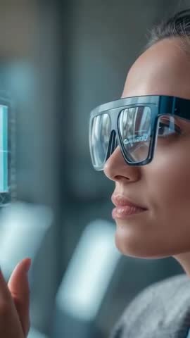 Woman wearing AR glasses interacting with holographic interface in lab vertical video