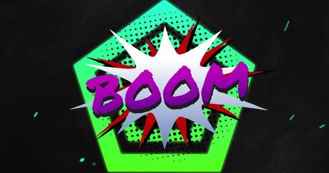 Colorful boom comic book style text on black background