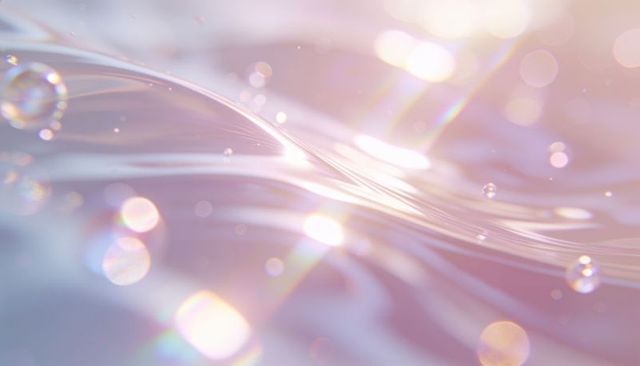 Iridescent liquid wave with bokeh and lens flares, glossy pastel abstract background