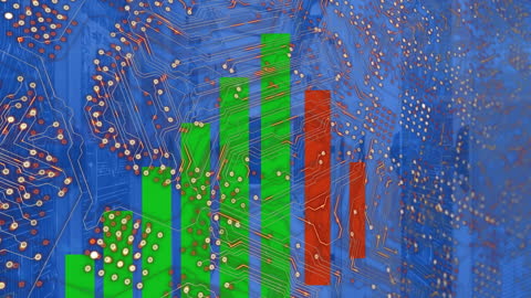 Abstract Financial Data Overlay on Circuit Board Background